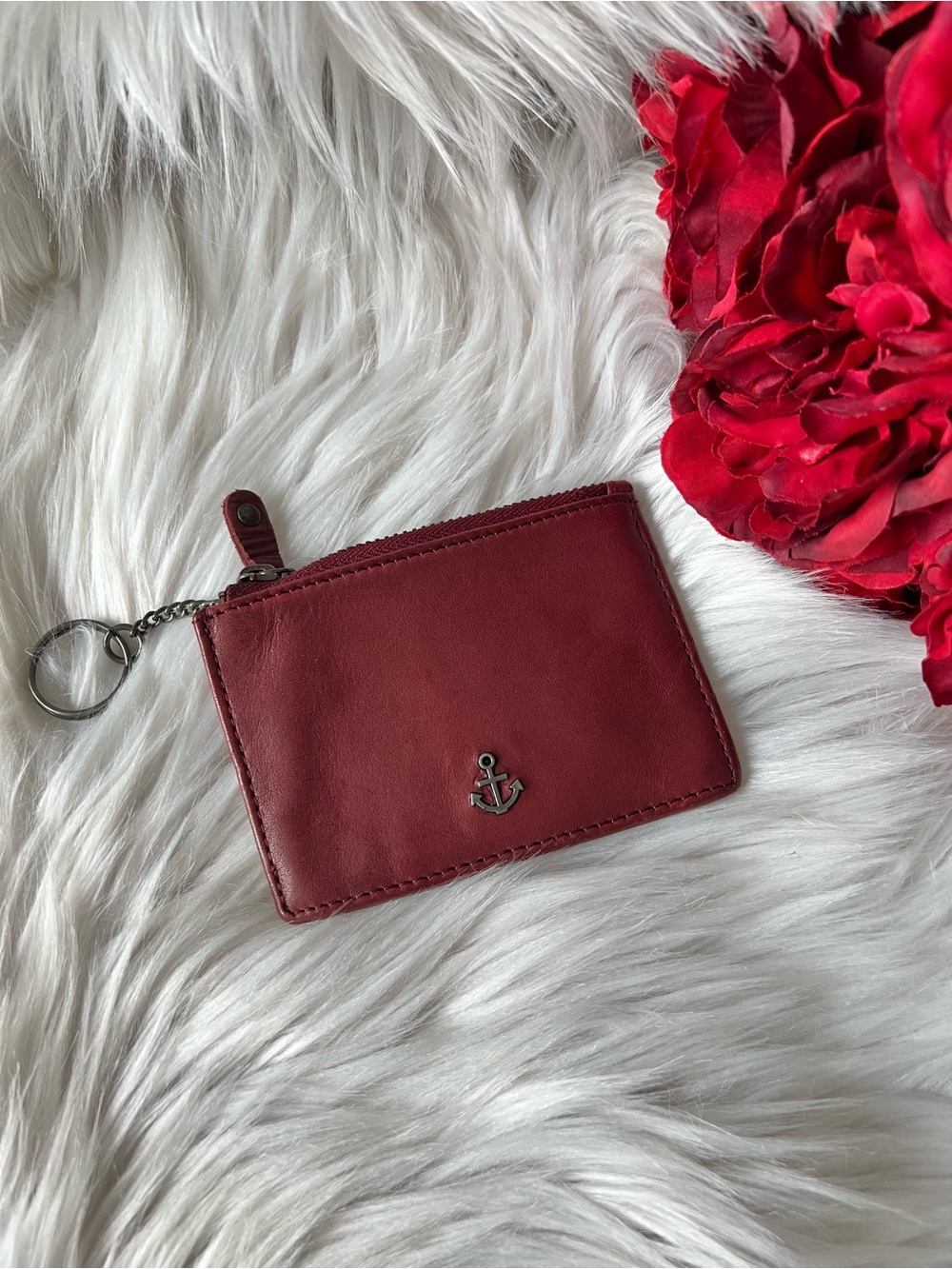 Red Leather Zip Card Holder Wallet with Anchor Detail